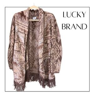 Lucky Brand Brown & Cream Boho Fringe Knit Cardigan